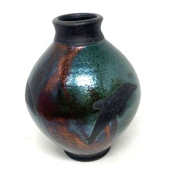 Rick Cosci Maui Hawaii, Raku Black Pottery, Dolphin Metallic Pot Vase, Signed 7"